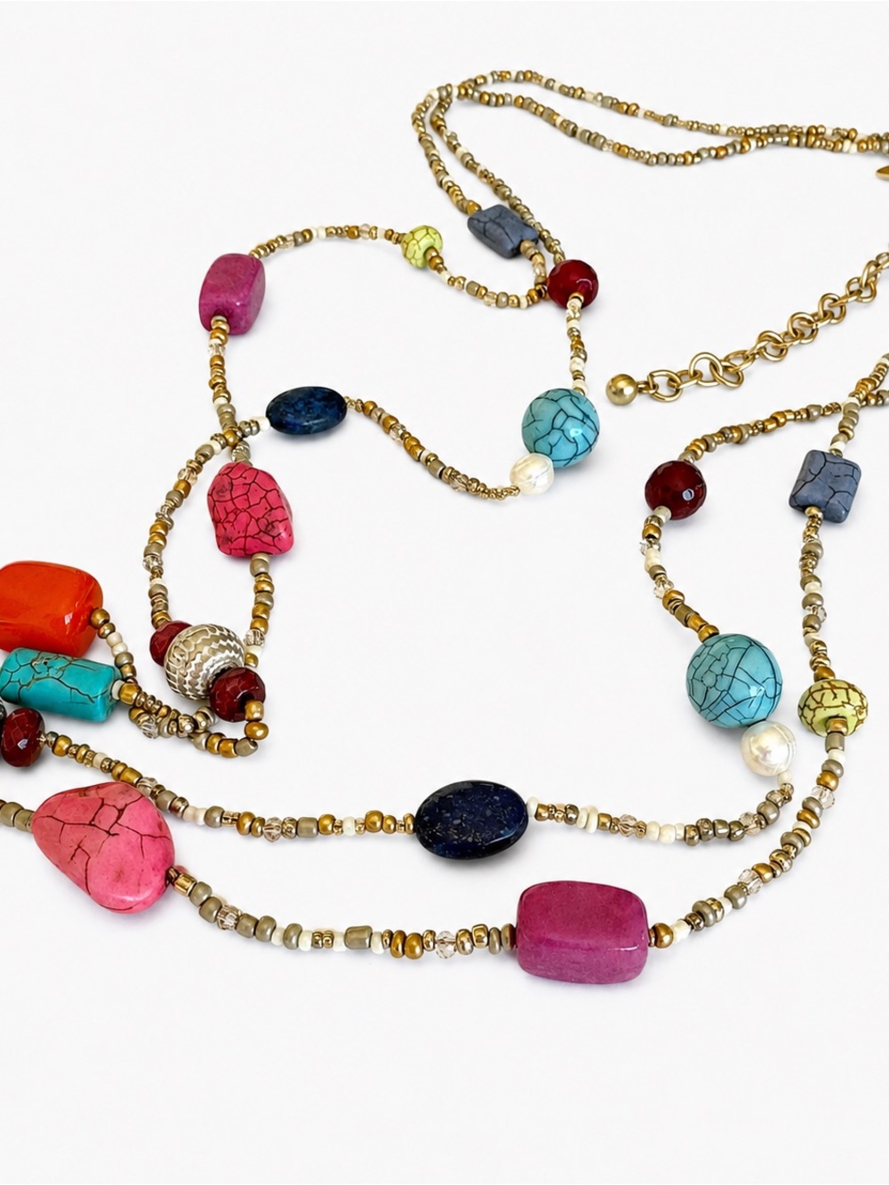 Chico’s Colorful Beaded Long Necklace Boho Artisan Statement Layered Gold Tone